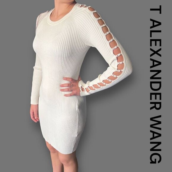 T by Alexander Wang Strap Detail in off White Bodycon Medium Sexy Stretchy LS - Picture 1 of 15